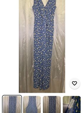 Kaileigh Blue Floral Wrap Romper with Yellow and White Blooms Medium